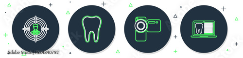Set line Tooth, Cinema camera, Head hunting and Laptop with dental card icon. Vector