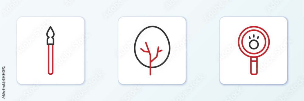 Set line Paw search, Medieval spear and Tree icon. Vector Set line Paw search, Medieval spear and Tree icon. Vector