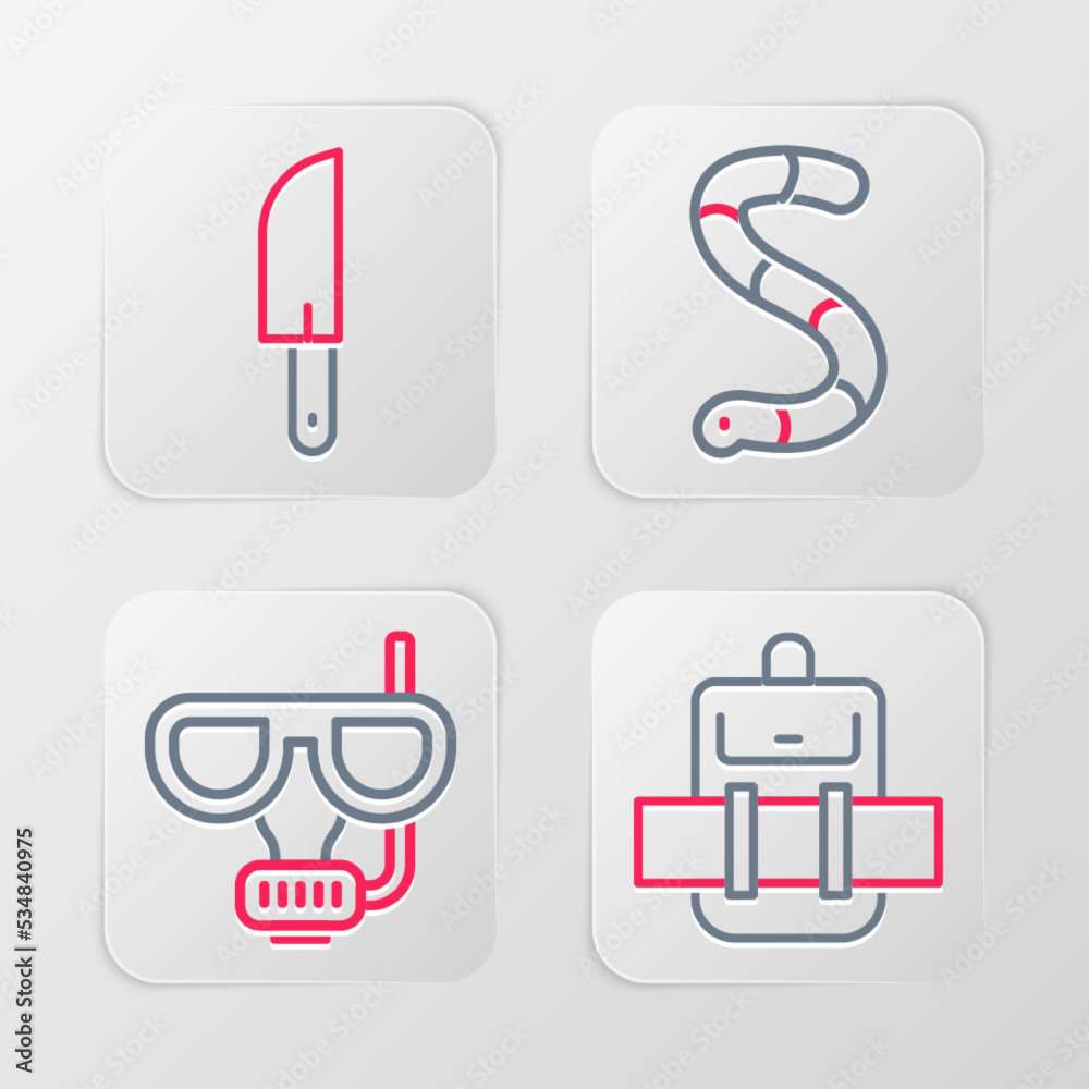 Set line Hiking backpack, Diving mask and snorkel, Worm and Knife icon. Vector Set line Hiking backpack, Diving mask and snorkel, Worm and Knife icon. Vector