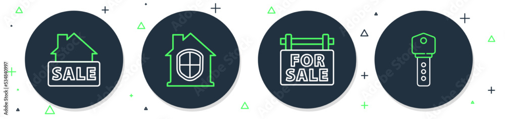 Set line House under protection, Hanging sign with For Sale, and key icon. Vector Set line House under protection, Hanging sign with For Sale, and key icon. Vector