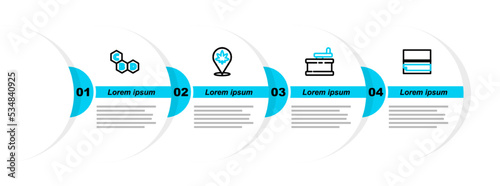 Set line Rolling paper, Manual grinder, Location and marijuana and Cannabis molecule icon. Vector