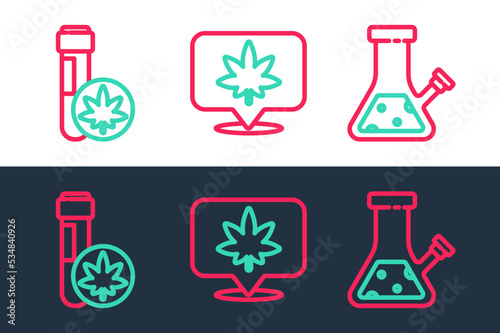 Set line Glass bong for smoking cannabis, Chemical test tube with marijuana and Location and icon. Vector
