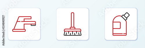 Set line Bottles for cleaning agent, Water tap and Handle broom icon. Vector