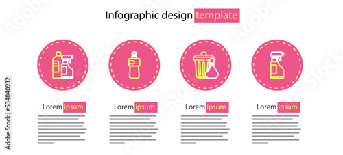 Set line Trash can and garbage bag, Spray bottle with detergent liquid, Dishwashing and Bottles for cleaning agent icon. Vector