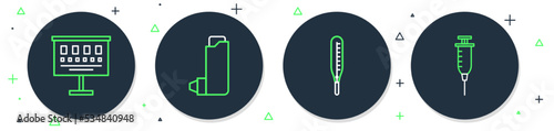 Set line Inhaler, Medical thermometer, Eye test chart and Syringe icon. Vector