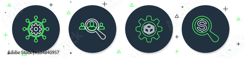Set line Magnifying glass for search people, Product development, Project management and and dollar icon. Vector