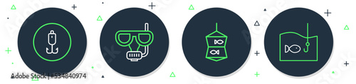 Set line Diving mask and snorkel, Fishing net with fish, hook and icon. Vector