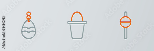 Set line Fishing float, spoon and bucket icon. Vector
