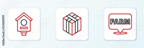 Set line Location farm, Bird house and Bale of hay icon. Vector