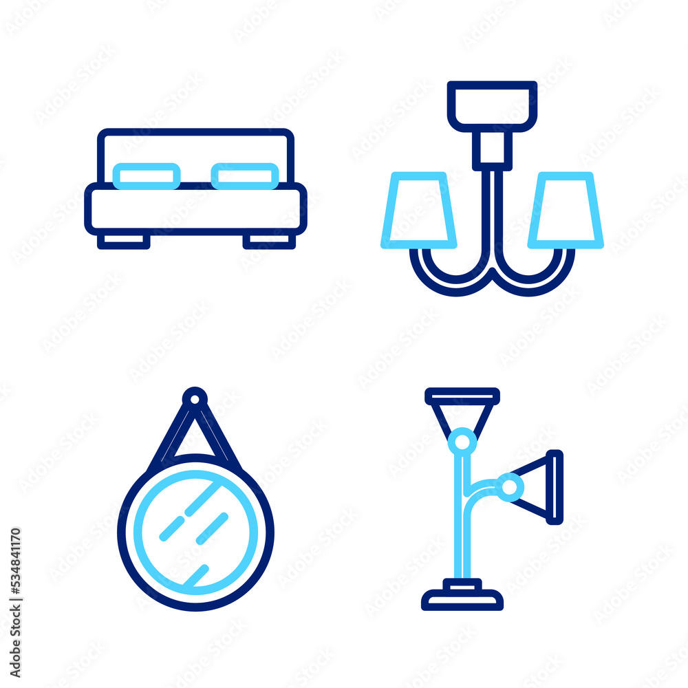 Set line Floor lamp, Mirror, Chandelier and Big bed icon. Vector Set line Floor lamp, Mirror, Chandelier and Big bed icon. Vector