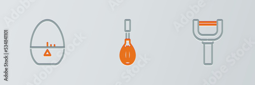 Set line Peeler, Kitchen timer and whisk icon. Vector