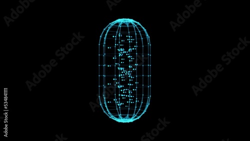 Blue hologram of pharmaceutical capsule with particles inside. rotation. Concept of digital innovation in pharmaceuticals. development technology