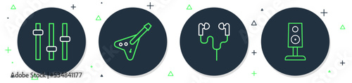 Set line Electric bass guitar, Air headphones, Music equalizer and Stereo speaker icon. Vector