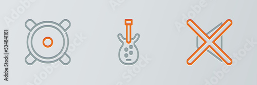 Set line Speaker mute, Stereo speaker and Electric bass guitar icon. Vector