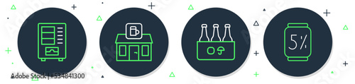 Set line Store building of beer shop, Pack bottles, Vending machine and Beer can icon. Vector