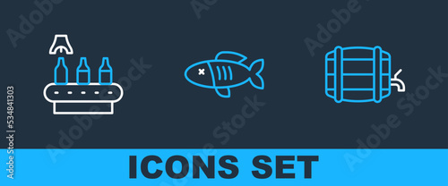 Set line Wooden barrel on rack, Conveyor band, beer and Dried fish icon. Vector
