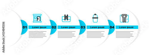 Set line Bathrobe, Sauna bucket, Swimming pool with ladder and wooden bathhouse icon. Vector