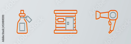 Set line Hair dryer, Essential oil bottle and Sauna wooden bathhouse icon. Vector