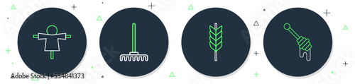 Set line Garden rake, Wheat, Scarecrow and Honey dipper stick icon. Vector