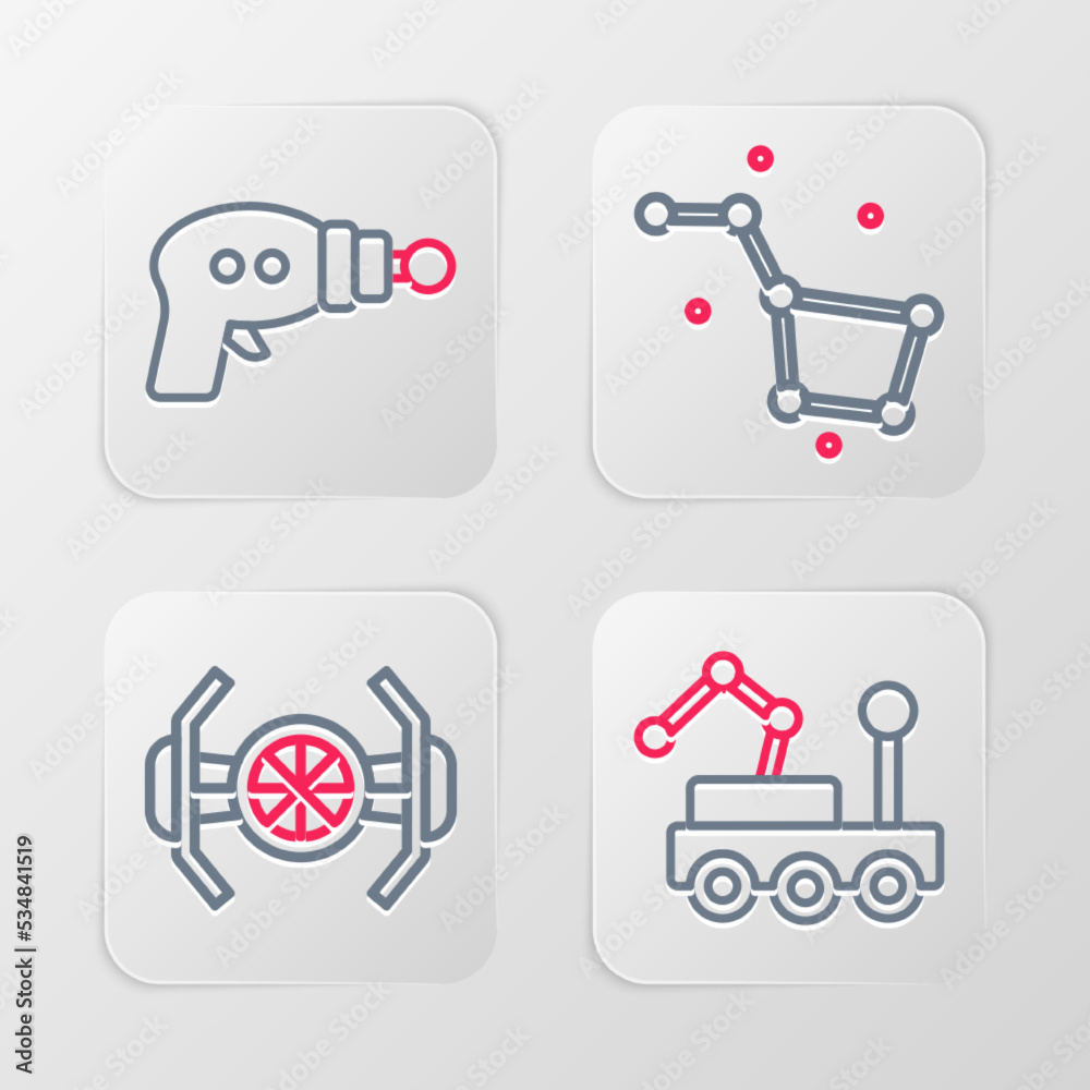 Set line Mars rover, Cosmic ship, Great Bear constellation and Ray gun icon. Vector Set line Mars rover, Cosmic ship, Great Bear constellation and Ray gun icon. Vector