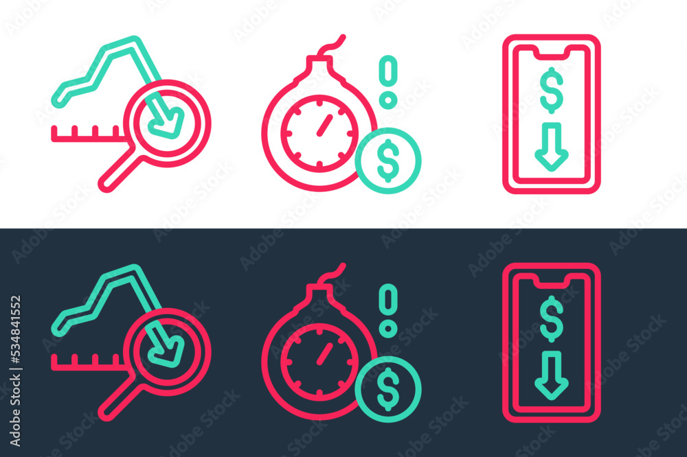 Set line Mobile stock trading, Global economic crisis and Money bomb dollar icon. Vector Set line Mobile stock trading, Global economic crisis and Money bomb dollar icon. Vector
