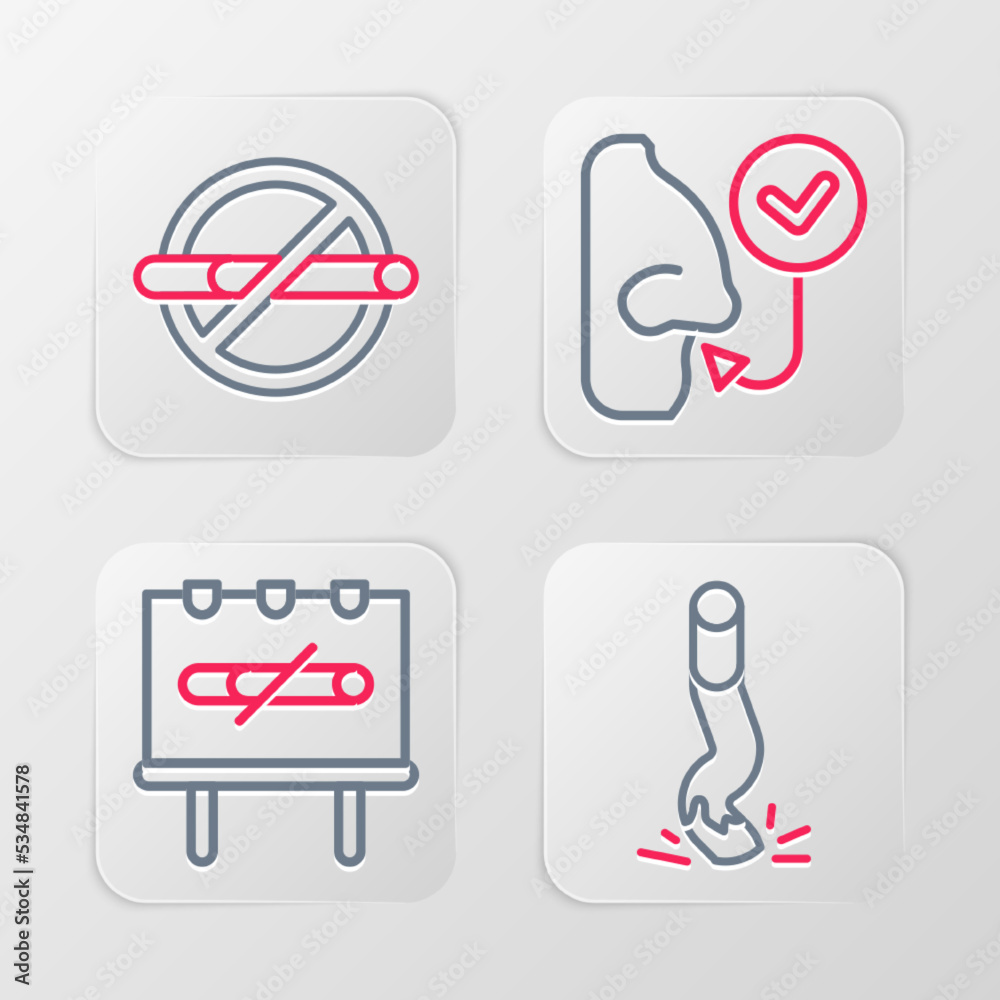 Set line Cigarette butt, No smoking, Healthy breathing and icon. Vector