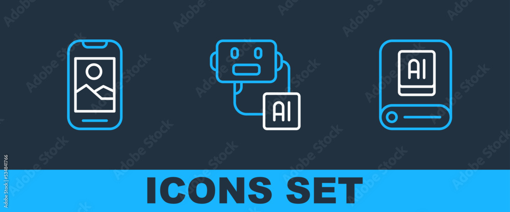 Set line Artificial intelligence AI, Mobile phone and robot icon. Vector Set line Artificial intelligence AI, Mobile phone and robot icon. Vector