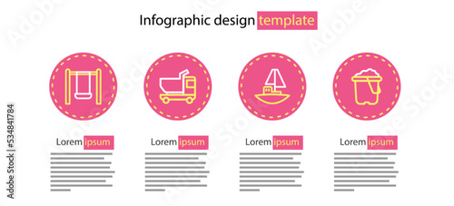 Set line Toy boat, Sand in bucket, truck and Swing icon. Vector