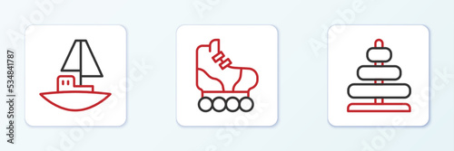 Set line Pyramid toy, Toy boat and Roller skate icon. Vector
