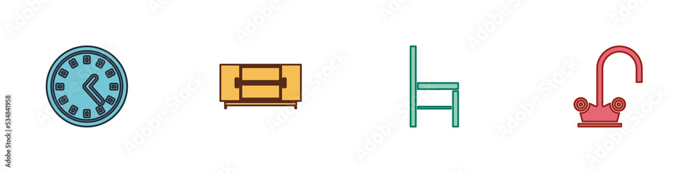 Set Clock, TV table stand, Chair and Water tap icon. Vector Set Clock, TV table stand, Chair and Water tap icon. Vector