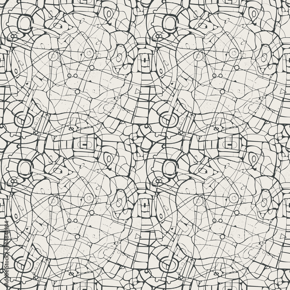 Abstract seamless pattern, similar to roads map or streets plan of a large city. Vector background with chaotic lines on a beige backdrop. Suitable for wallpaper, wrapping paper, fabric in retro style
