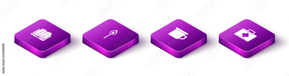 Set Isometric Location of the forest in laptop, Burning match with fire, Camping metal mug and First aid kit icon. Vector Set Isometric Location of the forest in laptop, Burning match with fire, Camping metal mug and First aid kit icon. Vector