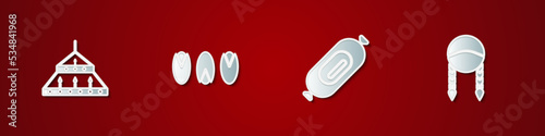 Set Massive steel chandelier, Pistachio nuts, Salami sausage and Braid icon. Vector