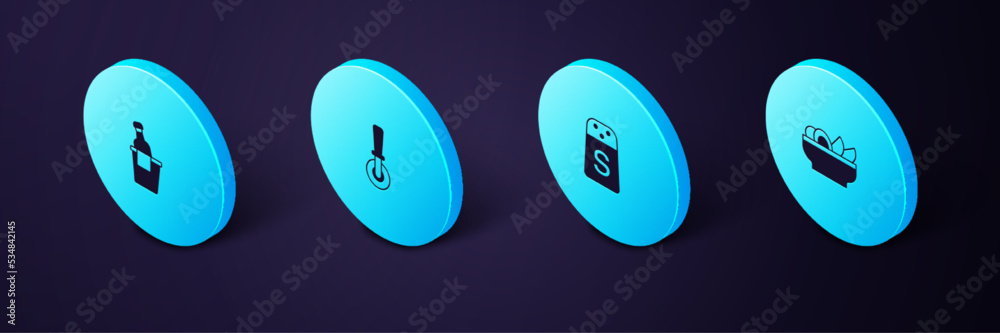 Set Isometric Nachos in plate, Salt, Pizza knife and Champagne an ice bucket icon. Vector Set Isometric Nachos in plate, Salt, Pizza knife and Champagne an ice bucket icon. Vector