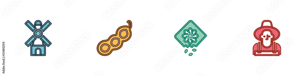 Set Windmill, Green peas, Pack full of seeds of plant and Farmer the hat icon. Vector