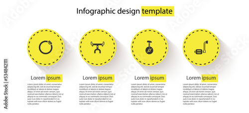 Set Bicycle brake disc, handlebar, Unicycle or one wheel bicycle and pedal. Business infographic template. Vector