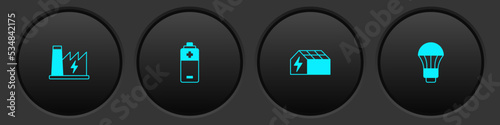 Set Nuclear power plant, Battery, Solar energy panel and LED light bulb icon. Vector