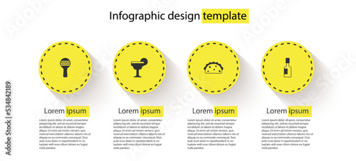 Set Maracas, Margarita cocktail, Taco with tortilla and Tabasco sauce. Business infographic template. Vector