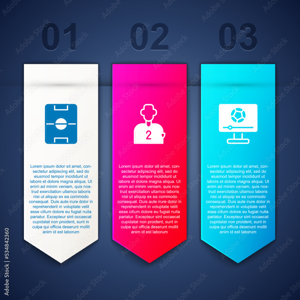 Set Football field, or soccer player and match on TV. Business infographic template. Vector Set Football field, or soccer player and match on TV. Business infographic template. Vector