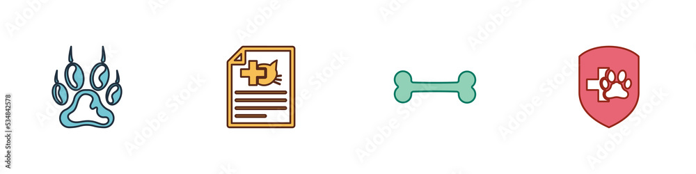 Set Paw print, Medical certificate for dog or cat, Dog bone and Animal health insurance icon. Vector Set Paw print, Medical certificate for dog or cat, Dog bone and Animal health insurance icon. Vector