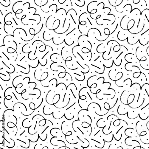 Seamless abstract geometric pattern in retro Memphis style. Hand drawn vector curly lines with dots and dashes. Chaotic ink brush scribbles. Hand drawn messy doodles, thin curved lines ornament.