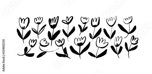 Abstract tulip stems brush drawn elements. Hand drawn vector botanical illustrations collection. Naive sketchy style simple wild flowers. Black ink painted elements for design isolated on white. 