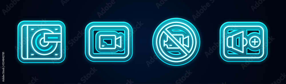 Set line Vinyl player with vinyl disk, Play video button, Prohibition no recording and Speaker volume. Glowing neon icon. Vector