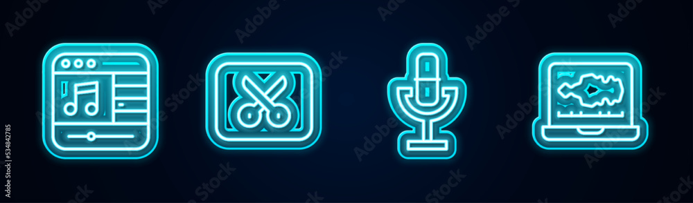 Set line Music player, or video editing, Microphone and Sound audio recorder. Glowing neon icon. Vector Set line Music player, or video editing, Microphone and Sound audio recorder. Glowing neon icon. Vector