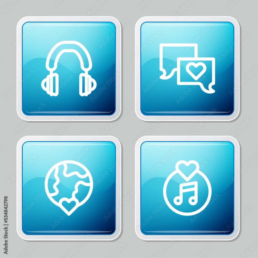 Set line Headphones, Speech bubble chat, The heart world - love and Vinyl disk icon. Vector Set line Headphones, Speech bubble chat, The heart world - love and Vinyl disk icon. Vector