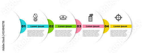 Set line Military reward medal, beret, Hand smoke grenade and Target sport. Business infographic template. Vector