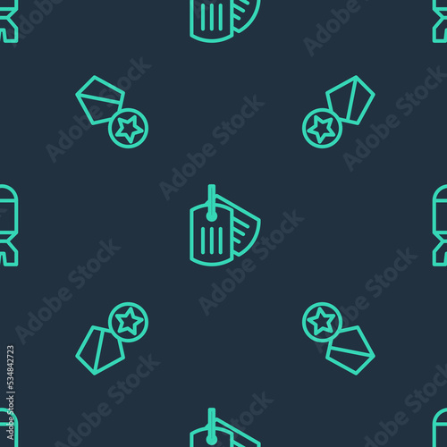 Set line Military dog tag, reward medal and Rocket launcher on seamless pattern. Vector