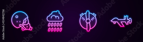 Set line Modern pilot helmet, Cloud with rain, Plane propeller and UAV Drone. Glowing neon icon. Vector