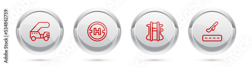 Set line Passenger ladder, Helicopter landing pad, Parachute and Plane takeoff. Silver circle button. Vector