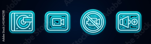 Set line Vinyl player with vinyl disk, Play video button, Prohibition no recording and Speaker volume. Glowing neon icon. Vector